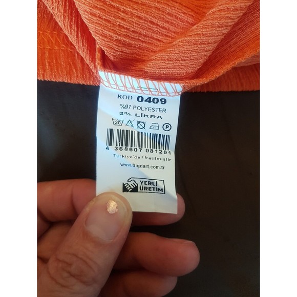 Big Dart Womens Blouse Orange Puff Sleeve Pleated Stretch Crinkle Size Medium - Picture 9 of 12